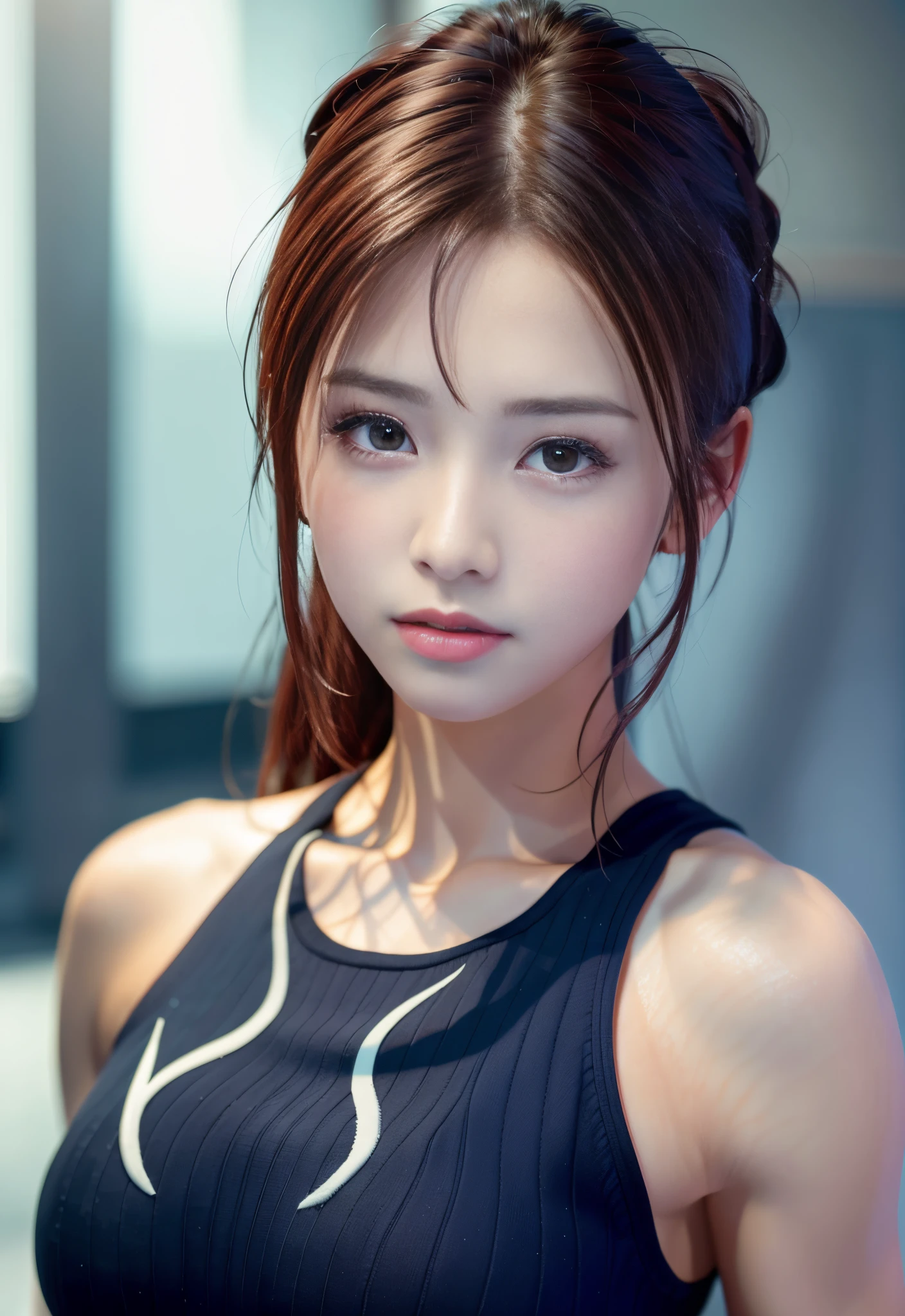 8K, of the highest quality, masutepiece:1.2), (Realistic, Photorealsitic:1.3), of the highest quality, masutepiece, Beautiful young woman, Pensive expression, Thoughtful look, Competitive swimmers、swim wears、Hair tied back, Cinematic background, Light skin tone、wetted skin