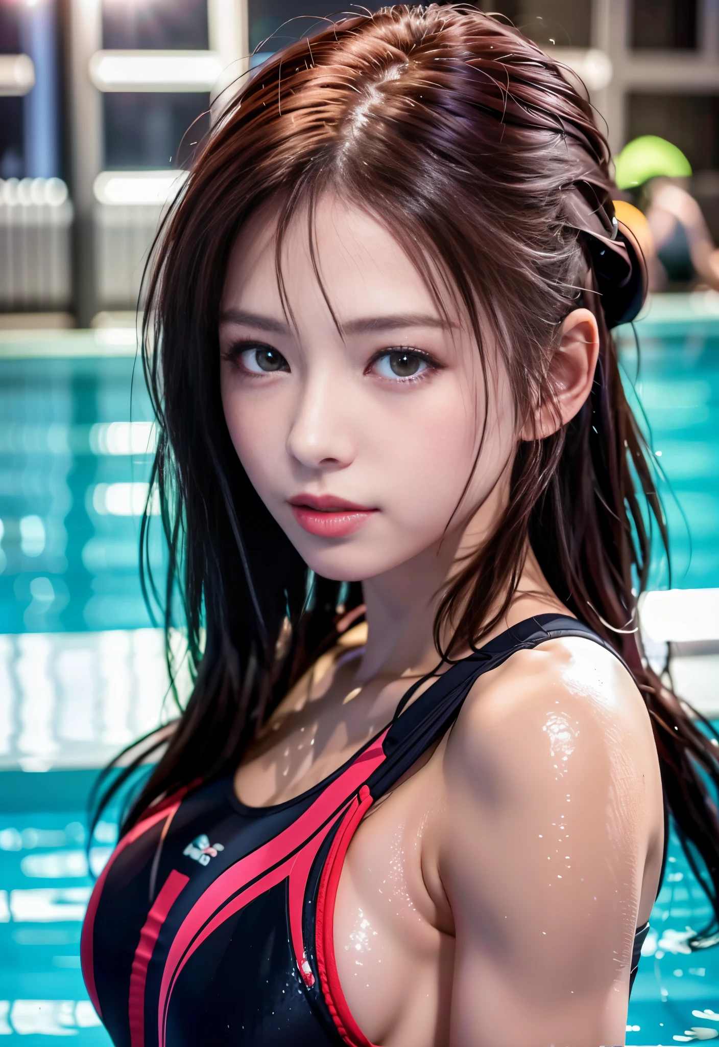 8K, of the highest quality, masutepiece:1.2), (Realistic, Photorealsitic:1.3), of the highest quality, masutepiece, Beautiful young woman, Pensive expression, Thoughtful look, Competitive swimmers、swim wears、Hair tied back, Cinematic background, Light skin tone、wetted skin