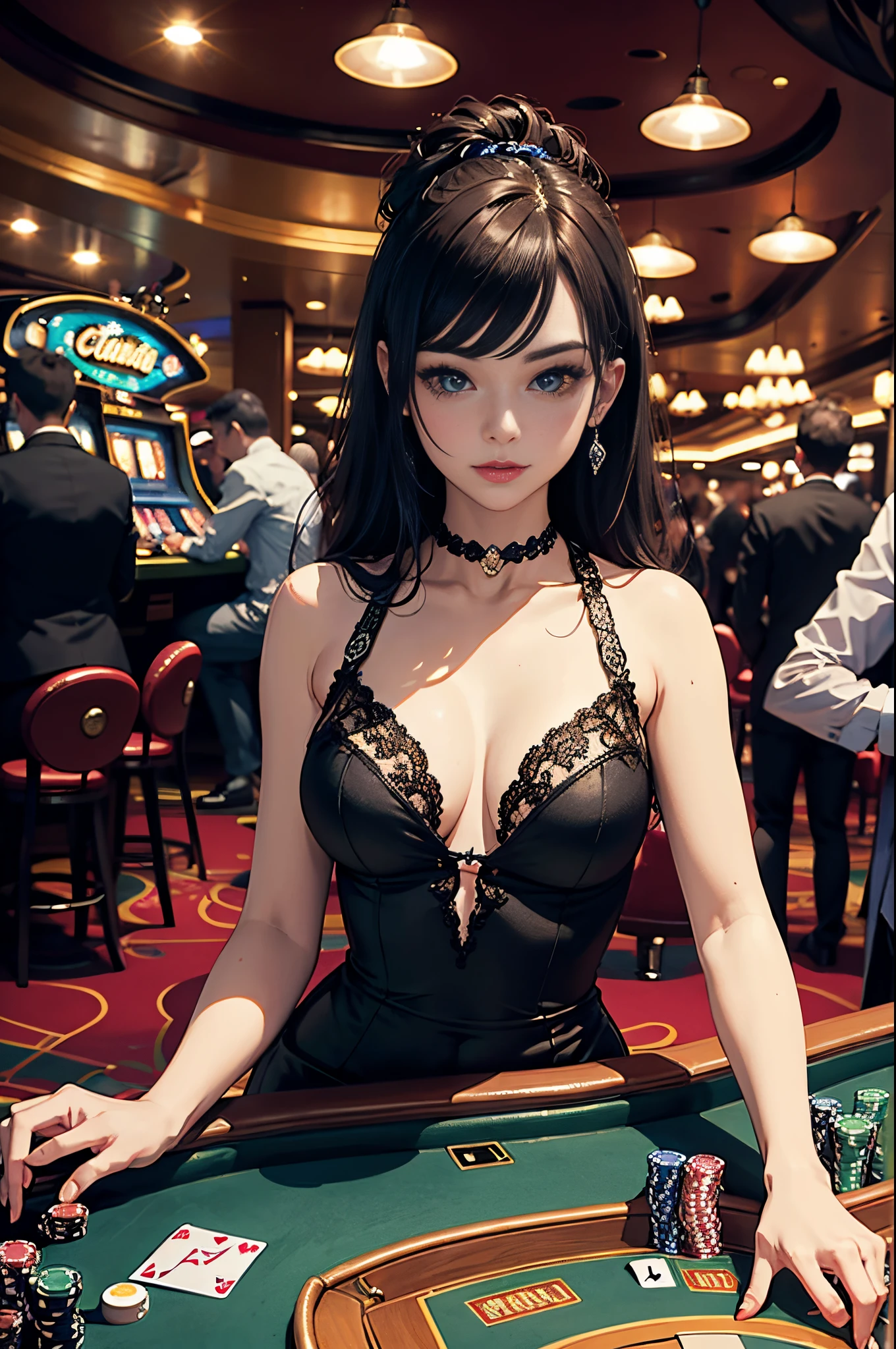 ((best quality)), ((masterpiece)), (detailed), glammed up at the poker table,  casino interior, expensive clothing, 1girl