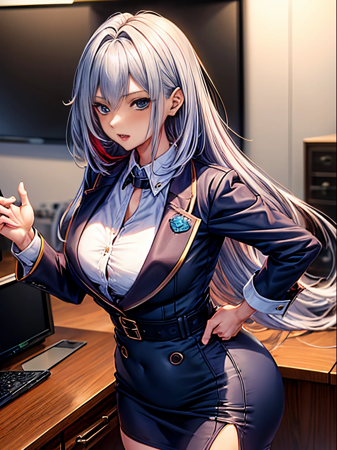 1人の女性，22 years old，energetic，tmasterpiece, Best quality, Thicker lines, silver hair，long hair，a slice of red hair on the right side，big butt，big breasts，confident，office lady，formal skirt，office desk，blue eyes