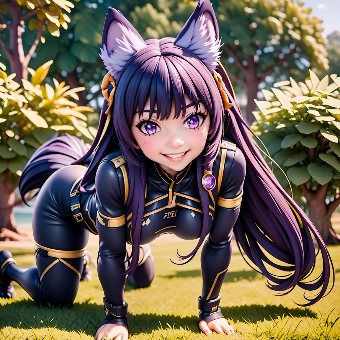 Best Quality, Master Price, 1girl in, (Solo:1.1), Ray traching, ultra-detailliert,Detailed face, 8K Wallpaper, Large breasts, Smile, wide hips, plein air, Standing, plein air,  Delta NDV, Long hair, Animal ears, Purple eyes, Bangs, Wolf ears, Looking at Viewer, Wolf tail, body suit, Tight clothes, Stomach, from the front side, (tusk, bent over, fight pose, On all fours:1.3),