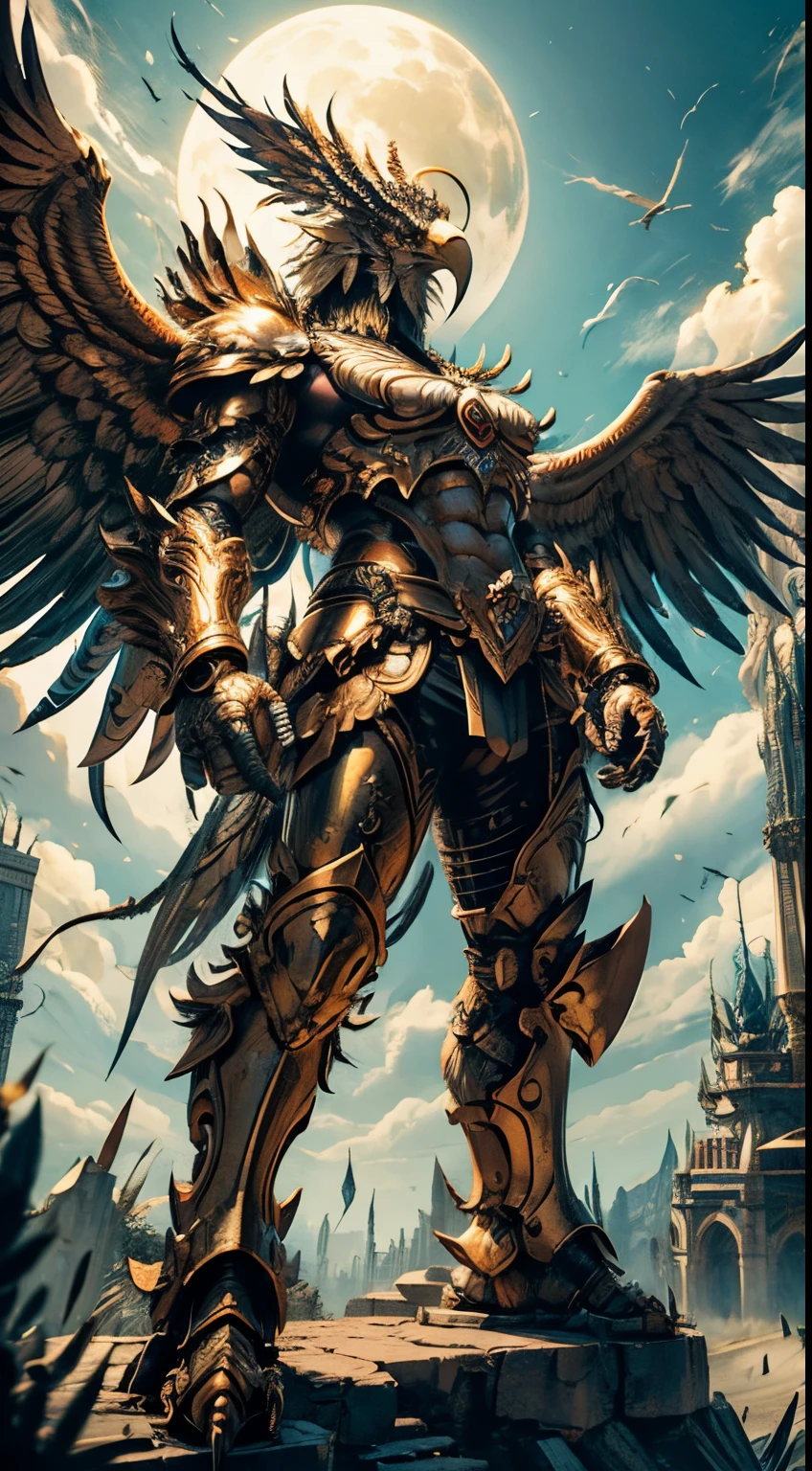 Gigantic Garuda, mythological large bird from Hindu mythology, with intricate armor, eagle head, four massive wings, sharp talons as hands and feet, battle poses, flaming battlefield background