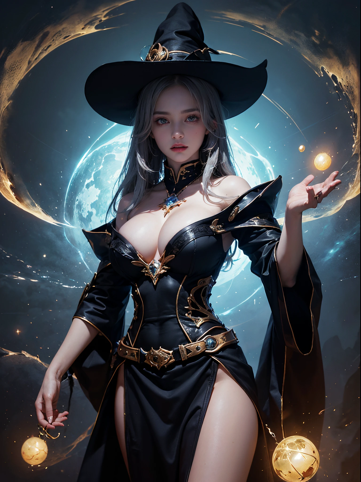 1个Giant Breast Girl, (witchcore, sorcerous, different, mistic, naturey, mystical) , magister, spell magic, Magic Array, ((magic in hand)),(tmasterpiece, Best quality at best:1.4),(absurd res, A high resolution, ultra - detailed:1.2),(using dark magic:1.4), Imaginative overlays, artistic fusion,fantastical scenes, evocative narrative, striking visual effects, The upper part of the body ,(((Best quality at best))),(((ultra - detailed))),(((tmasterpiece)))