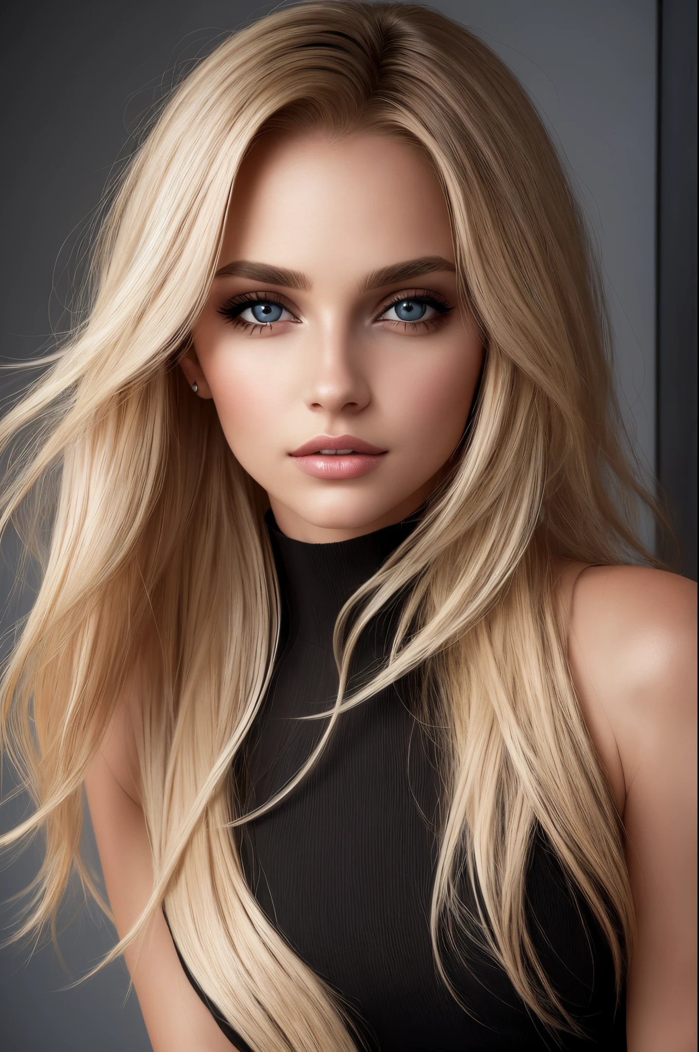 Aesthetic artwork, a woman, blonde hair, black eyes, straight hair, flushed cheeks, full lips, mischievous gaze, light brown skin, short black dress, sexy build,