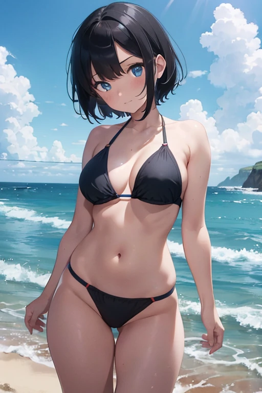 1girl, short black hair, blue eyes, wearing bikini, seaside, absurdness, high res, ultrasharp, 8K, masterpiece, looking at viewer