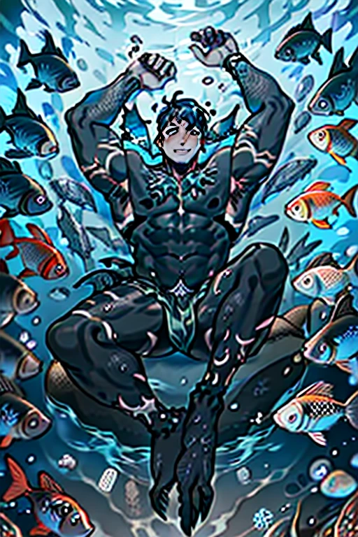 handsome man, on an obsidian beach with water covering lower body, lying on back and holding his own legs up, knees bent, muscular thigh, mermaid loin cloth, top view , expression of ecstasy, fish scale skin, mermaid skin, (black fish scale skin:1.5), mermaid man with fish scales skin, mermaid man with fish scales on legs