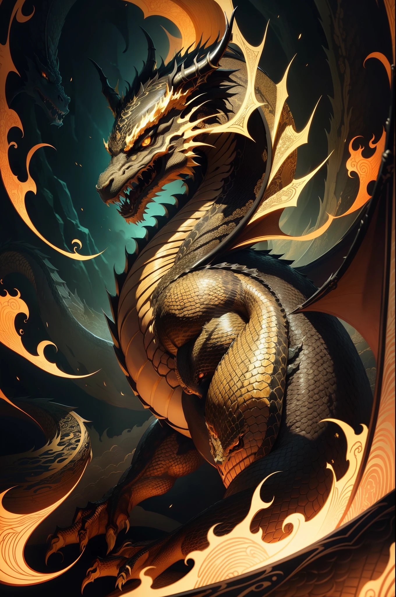 Dragon artwork in a hand-drawn style, cut-out effect, traditional Chinese art influence, mythical creature, fierce expression, flowing mane, detailed scales, vibrant colors, dynamic pose, intricate patterns, delicate textures, black and gold color scheme, masterful shading, high contrast, intense gaze, 4K UHD resolution.