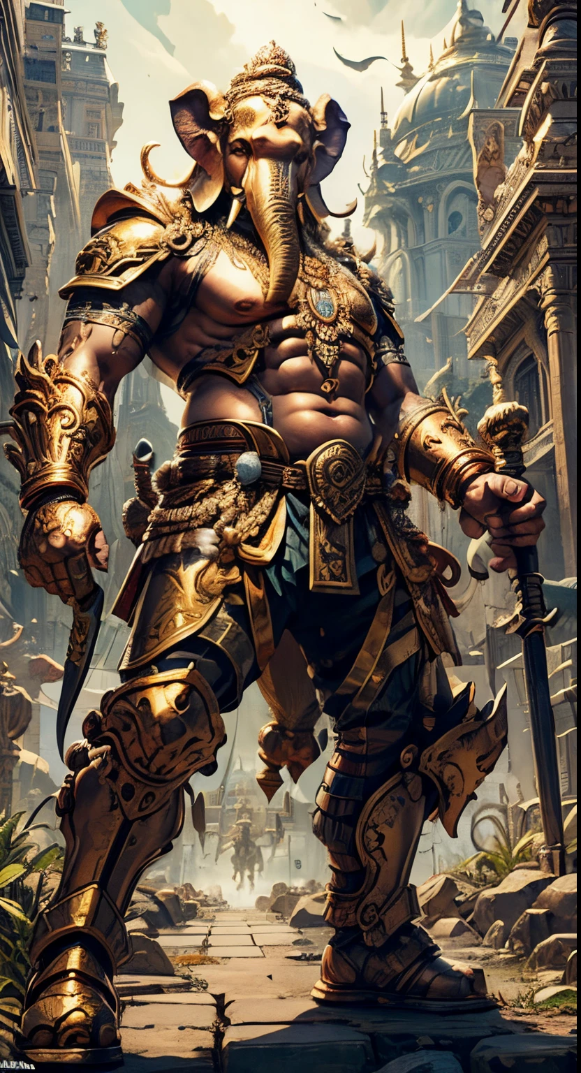 Powerful Ganesha, mythological humanoid Elephant from Hindu mythology, with intricate armor, four hands wielding weapons, battle poses, chaotic battlefield background