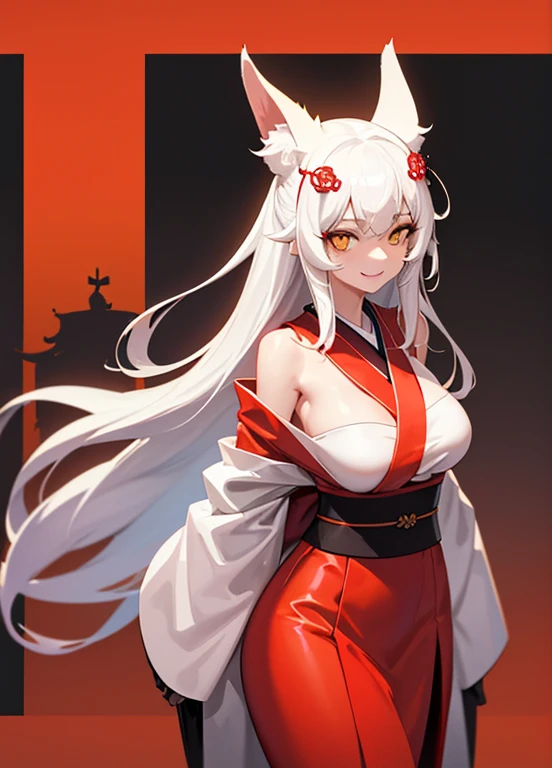 1girl in, Yellow eyes, Long hair, White hair, Smiling appearance, Red kimono, Large breasts, lightsmile, arms behind back, Hair Ornament, Animal ears, (toyota AE86),