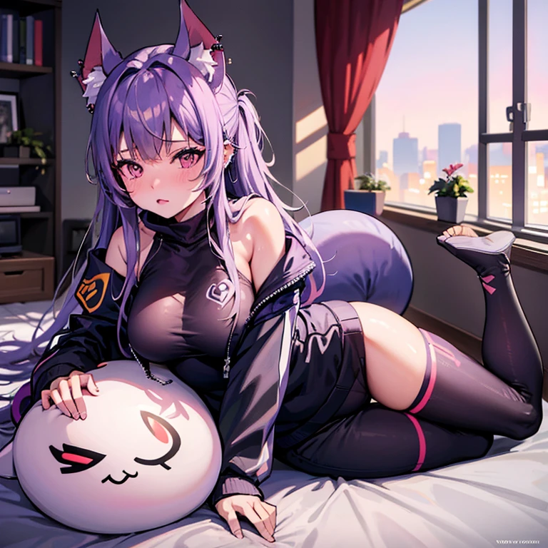 kasumi,tee shirt, Animal ear, edgBunny,purple-eyed, Piercing on the nose, lounge suit, sportrait, Amazing, Hair over the shoulder, Hooded, The beautiful, 4K