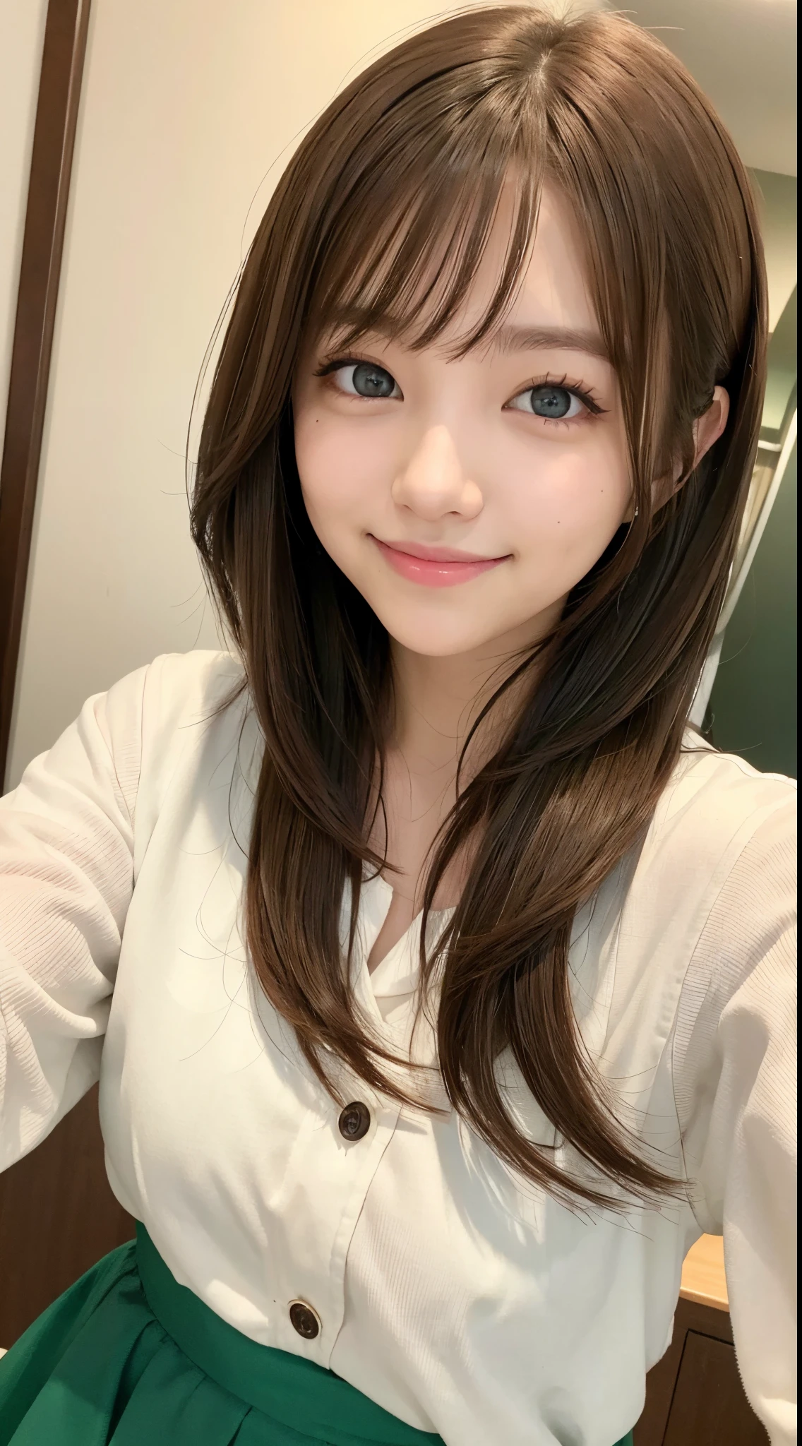 cute brown hair girl、Green eyes、Cute smile