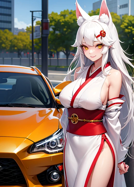 1girl in, Yellow eyes, Long hair, White hair, smiling face, Red kimono, ?????????????, lightsmile, arms behind back, Hair Ornament, Animal ears, super realistic car、(toyota AE86),