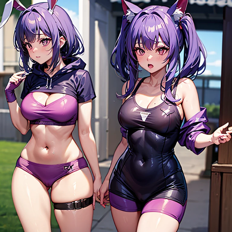 kasumi,tee shirt,  Animal ears,Bunny edgBunny，Purple-eyed, nose piercing, Casual suits, sporty attire, Amazing Cleavage, Hair over the shoulder, hooded, The beautiful, 4K