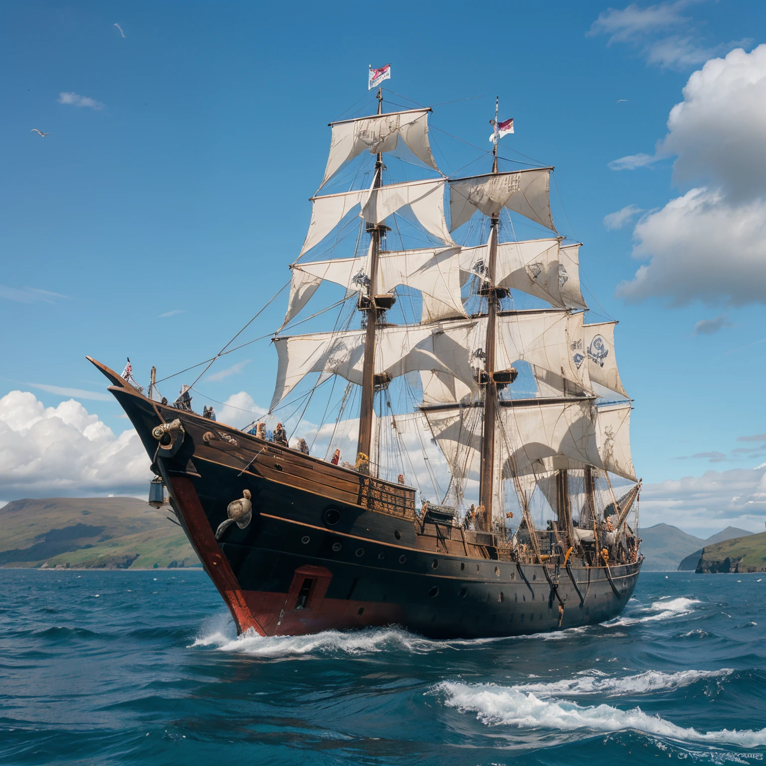 Pirates in the Highlands , whales and pirate ship in the sea.