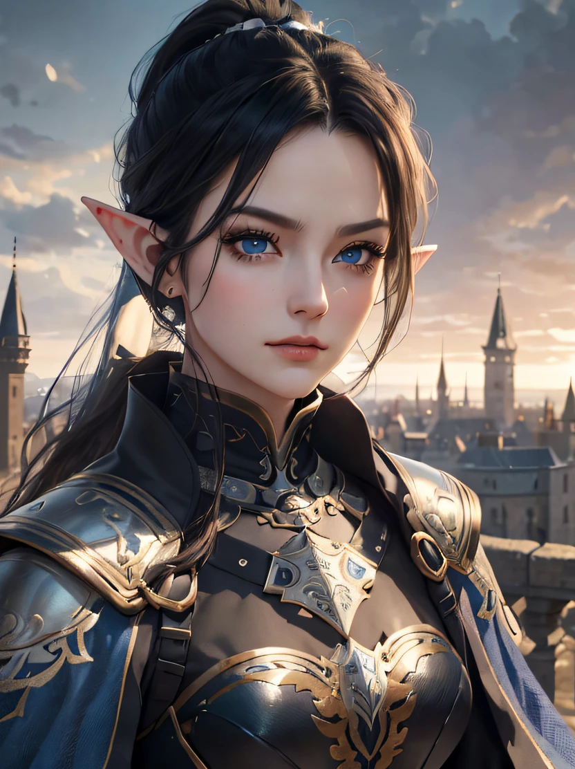 ((​masterpiece、top-quality、ultra-detailliert、hight resolution、foco nítido、Photorealsitic、lighting like a movie))、Beautiful 40 year old female elf upper body portrait、cowboy  shot、Focus from the waist up、Elegant person、elaborately patterned cloth cloak、Richly textured black leather armor and leggings、Delicately carved black plate armor、tall、well-proportioned figure、A dark-haired、Hairstyle Ponytail、Seductive blue eyes、Sharp eyes、hyperdetailed face、Detailed ears、A detailed eye、Detailed hand depiction、Dynamic action、Noise々Beautiful medieval cityscape and castle in the background、Detailed background depiction
