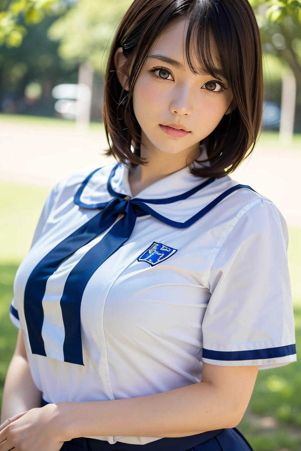 (masutepiece, Best Quality:1.2), 8K, Official art, Raw photo,  (Upper body, wearing a brighton uniform:1.4), a beauty girl, Idol face, pleatedskirt, School uniform,  ((Colossal tits)) natural soft light　 Detailed face, Bokeh background, 1 girl in　(Details High quality, realistic depiction of eyes:1.3) Beautiful straight short bob hair with realistic and delicate depiction