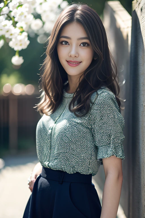 the Extremely Detailed CG Unity 8K Wallpapers、top-quality、ultra-detailliert、masterpiece、realisitic、Photo Real、extremely detailed cute girl、25-years old、(skirt rift)、(skirt lift by yourself))、Different color panties for each image、panties focus、red blush、cparted lips、looking at the viewers、Half body shot、Beautiful woman wearing fashionable and classy clothes、beautiful spring scenery) Different hair lengths and waves for each image,Sweet smile