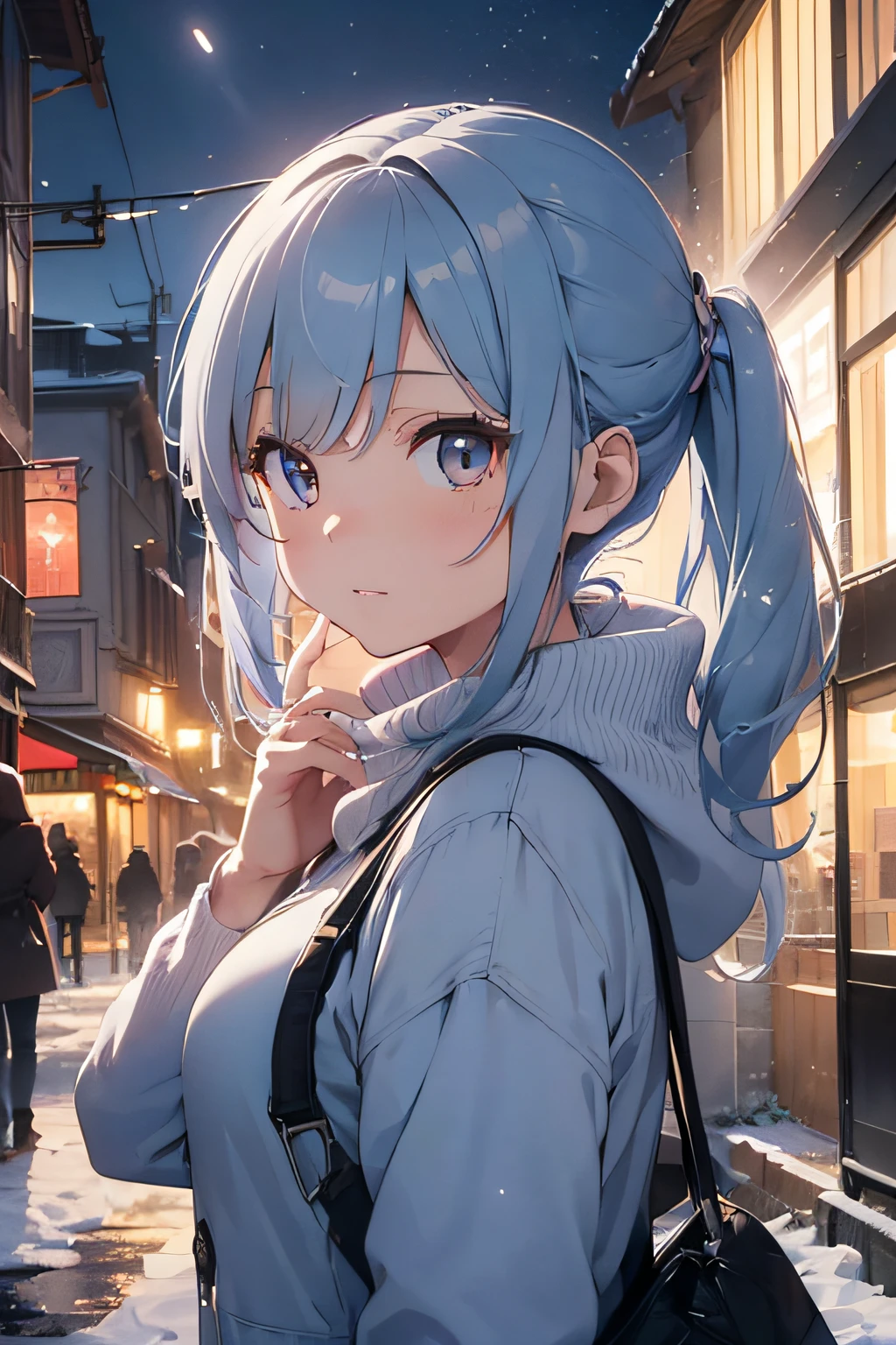 Beautiful fece, ​masterpiece, top-quality, hiqcgbody, animesque, 1 boy, Facing the front、portrait shot, Look at viewers、I have a runny nose、sneezing、tome&#39;tome&#39;It&#39;s cold and freezing、lightblue hair、Wearing a coat、Cold winter days、intricate detailes,>,((coverd)a closeup, straight-on,  Lady,Very long hair swaying in the wind、 Light brown eyes、radiant eyes(radiant eyes:1.25)、(beautifully detailed eyes:1.1)、Fixed background of modern buildings with falling snow、[[Delicate fingers and hands:0.55]::0.85]、(detail finger)、Light blue hair、Eyelift