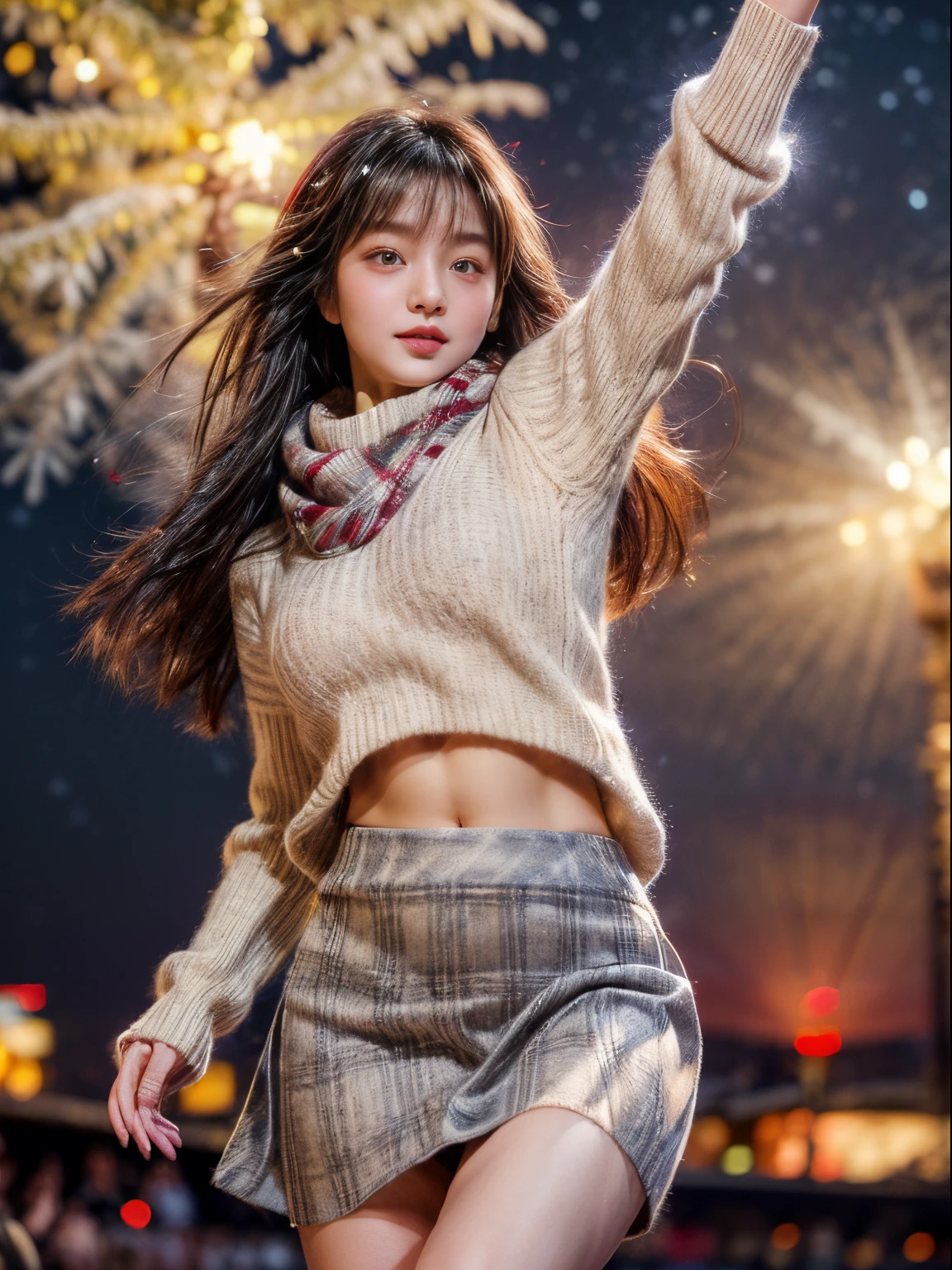 masterpiece、8K、32K、top-quality、(A detailed eye)、(A cute Japanese woman、bangss)、23years old、1 girl in、elegent、(Detailed background depiction、portlate:1.2)、(Running:1.5)、(illuminations、Christmas:1.4)、(Sweaters、Wool scarves、plaid skirts:1.1)、(pantyshot:1.3)、blushed face、ssmile、(Angle from below:1.45)