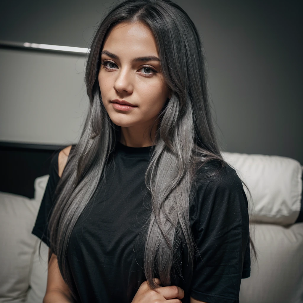 woman with long gray hair and black 5 sleev t shirtand unexpected photo , , so photo of a beautiful woman, high quality portrait, beautiful girl model, sexy look hands in hair