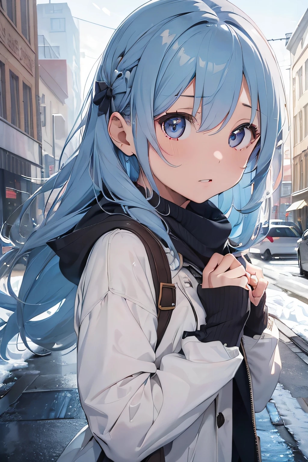 Beautiful fece, ​masterpiece, top-quality, hiqcgbody, animesque, 1 boy, Facing the front、portrait shot, Look at viewers、I have a runny nose、sneezing、tome&#39;tome&#39;It&#39;s cold and freezing、lightblue hair、Wearing a coat、Cold winter days、intricate detailes,>,((coverd)a closeup, straight-on,  Lady,Very long hair swaying in the wind、 Light brown eyes、radiant eyes(radiant eyes:1.25)、(beautifully detailed eyes:1.1)、Fixed background of modern buildings with falling snow、[[Delicate fingers and hands:0.55]::0.85]、(detail finger)、Light blue hair、Eyelift