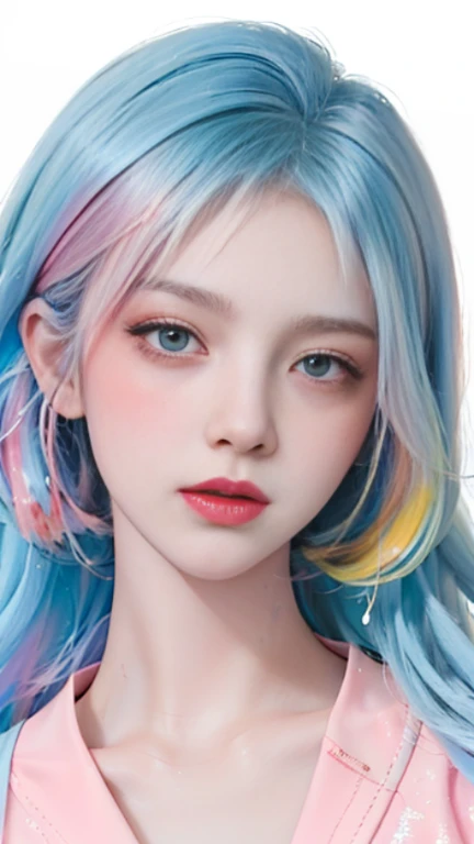 (Masterpiece, Best Quality, High Resolution), White Background, Acrylic Paint, ((Color Splash, Splash of Ink, Color Splash)), Sweet Chinese Girl, Long Light Blue Hair, [Light Blue|Pink] Hair, Curly Hair, Glitter, Peach Lips, White Shirt, Front, Upper Body