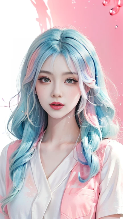 (Masterpiece, Best Quality, High Resolution), White Background, Acrylic Paint, ((Color Splash, Splash of Ink, Color Splash)), Sweet Chinese Girl, Long Light Blue Hair, [Light Blue|Pink] Hair, Curly Hair, Glitter, Peach Lips, White Shirt, Front, Upper Body