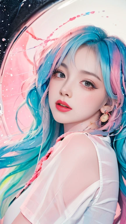 (Masterpiece, Best Quality, High Resolution), White Background, Acrylic Paint, ((Color Splash, Splash of Ink, Color Splash)), Sweet Chinese Girl, Long Light Blue Hair, [Light Blue|Pink] Hair, Curly Hair, Glitter, Peach Lips, White Shirt, Front, Upper Body
