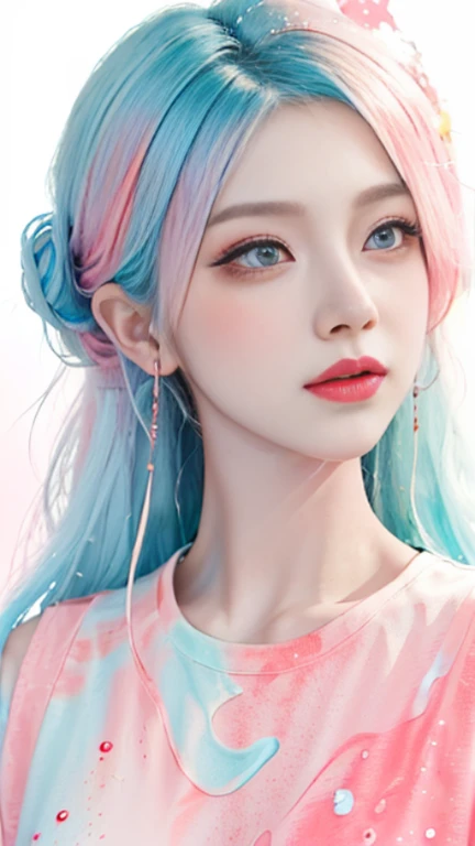 (Masterpiece, Best Quality, High Resolution), White Background, Acrylic Paint, ((Color Splash, Splash of Ink, Color Splash)), Sweet Chinese Girl, Long Light Blue Hair, [Light Blue|Pink] Hair, Curly Hair, Glitter, Peach Lips, White Shirt, Front, Upper Body