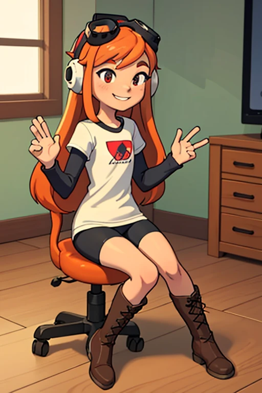 masterpiece, best quality, meggy, headphones, goggles on head, white shirt, layered sleeves, spandex shorts, brown boots, full body, smile, sitting in living room with video game controller