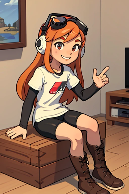 masterpiece, best quality, meggy, headphones, goggles on head, white shirt, layered sleeves, spandex shorts, brown boots, full body, smile, sitting in living room with video game controller