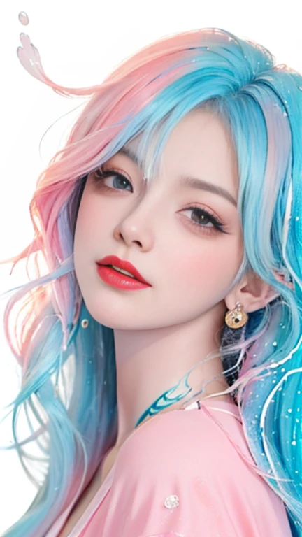 (Masterpiece, Best Quality, High Resolution), White Background, Acrylic Paint, ((Color Splash, Splash of Ink, Color Splash)), Sweet Chinese Girl, Long Light Blue Hair, [Light Blue|Pink] Hair, Curly Hair, Glitter, Peach Lips, White Shirt, Front, Upper Body