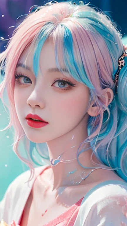(Masterpiece, Best Quality, High Resolution), White Background, Acrylic Paint, ((Color Splash, Splash of Ink, Color Splash)), Sweet Chinese Girl, Long Light Blue Hair, [Light Blue|Pink] Hair, Curly Hair, Glitter, Peach Lips, White Shirt, Front, Upper Body