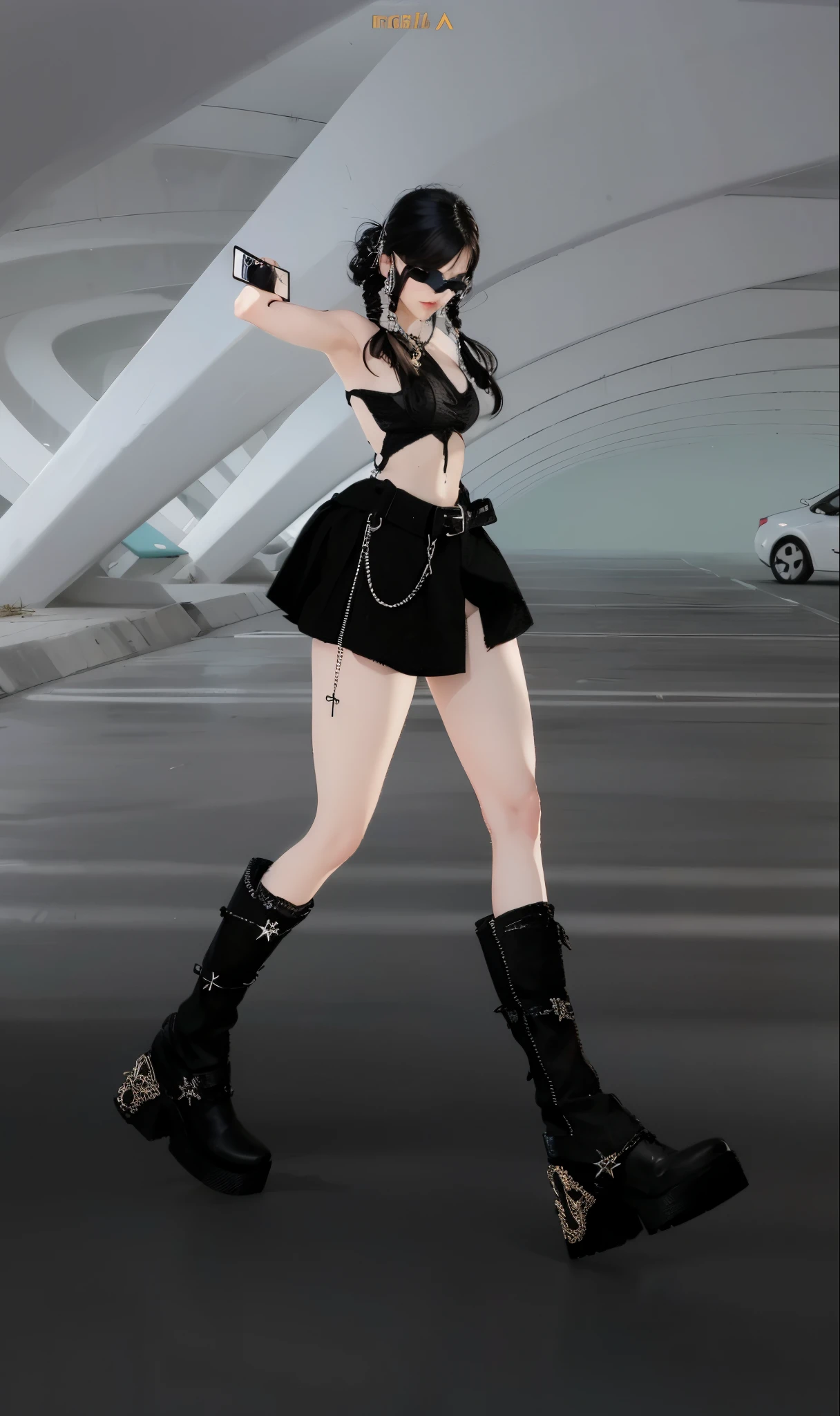 Hermosa piel detallada, Ropa detallada, cuerpo detallado, persona agachada, lentes negros, ropa negra, dos trenzas en el cabello, resolucion ultra alta, imagen realistica, fashionista