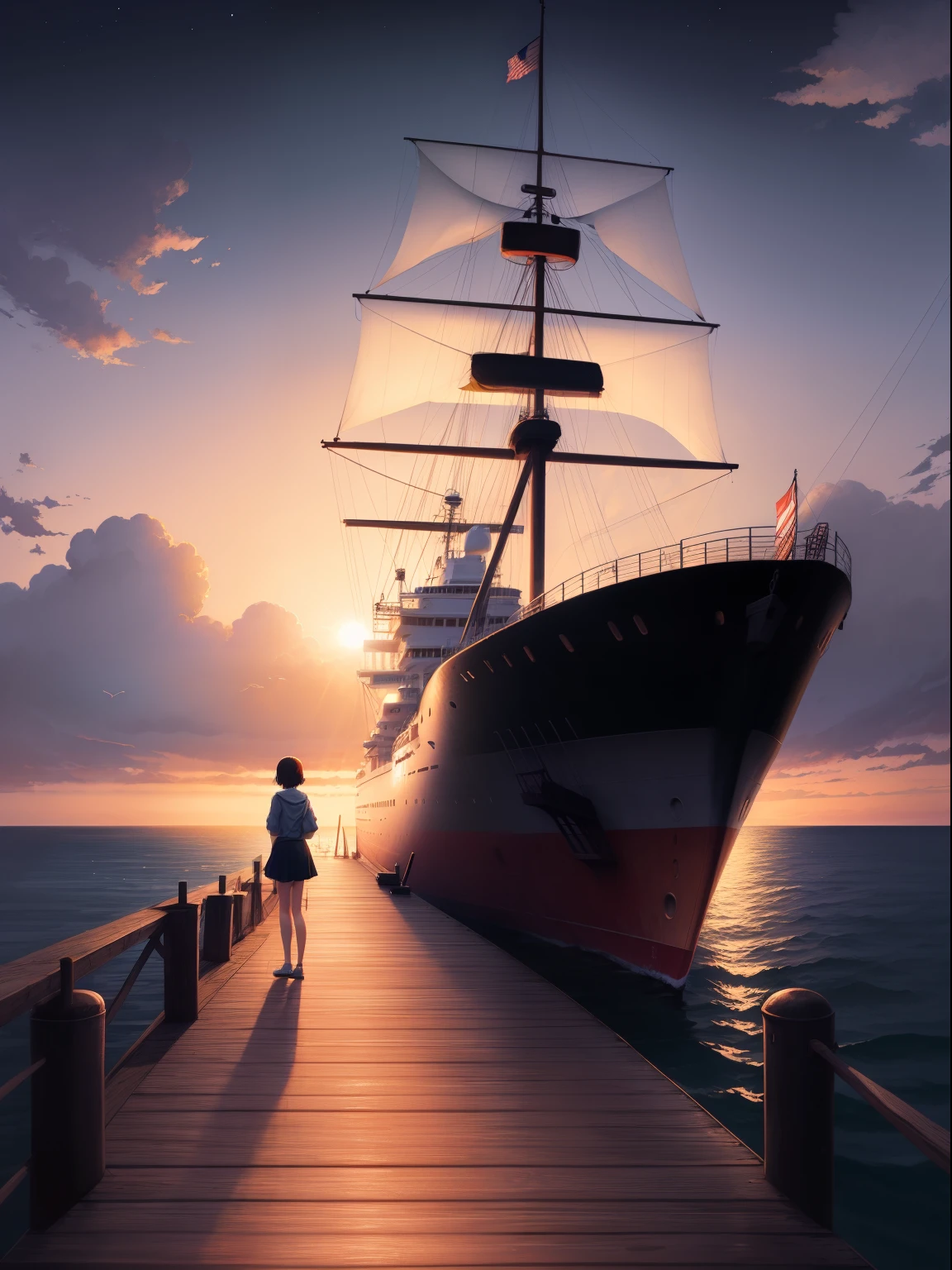 there a girl standing on a dock looking at a ship in the sea, calm night. digital illustration, makoto shinkai. digital render, sailing ship