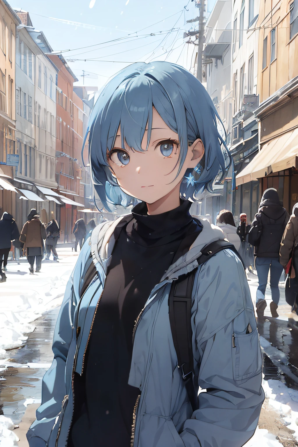​masterpiece, top-quality, hiqcgbody, animesque, 1 boy, Facing the front、is standing, Adult males,boyish、portrait shot, Look at viewers、lightblue hair、Wearing a coat、intricate detailes,>,((coverd)a closeup, straight-on, extra very short hair、 Light brown eyes、radiant eyes(radiant eyes:1.25)、(beautifully detailed eyes:1.1)、The background is fixed on a group of modern buildings with snow falling、[[Delicate fingers and hands:0.55]::0.85]、(detail finger)、Light blue hair、Eyelift