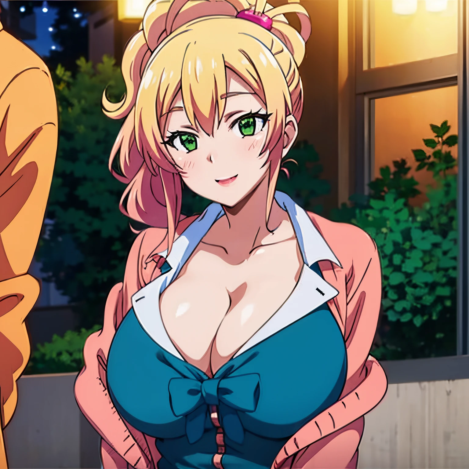Very Huge tits, upperbody, 1women, solo, ((nude)), outdoor, night city, ((busty)), blonde hair, green eyes, ponytail hair, smile, detailed face, view at camera, school uniform, cleavage,