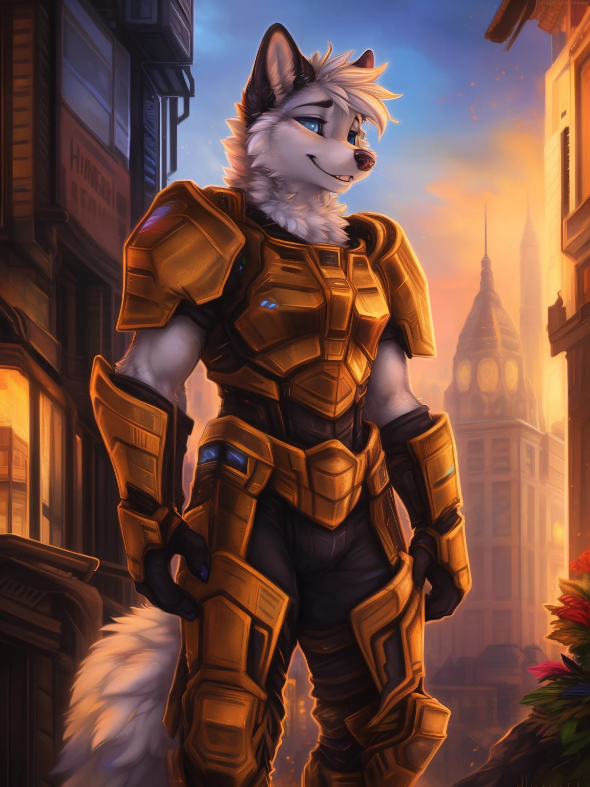 (by hioshiru and kenket and dimwitdog, michael amp inessa garmash, ruan jia, pino daeni, chunie), arctic fox, anthro, blue eyes, hair, fluffy tail , male , city background , standing, smiling, solo, clothed, tall, fluffy, looking down at tiny, big, giant, armor, halo spartan armor, scifi,