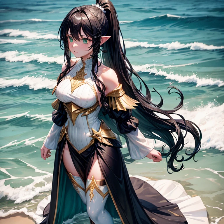 Full body Wet skin mermaid female with legs ,black-green wavy hair( ponytail). Standing up white and gold long armor dress with stockings. Fin ears. On the beach