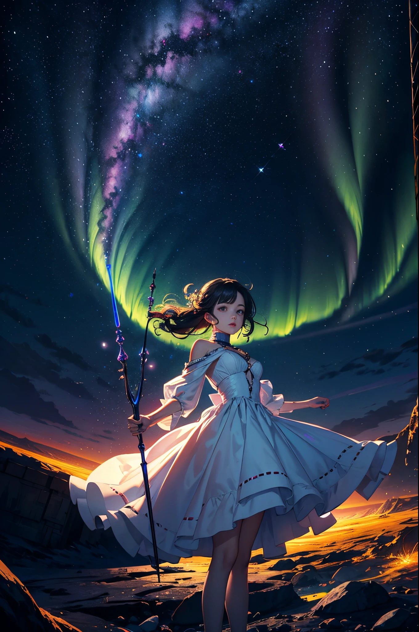 best quality,4k,8k,highres,masterpiece:1.2,ultra-detailed,realistic:1.37,portrait,anime,colorful,space woman,in a galaxy,with stars in her hair,adorning a celestial gown,holding a cosmic staff,glowing with inner light,luminous makeup,evoking the mystery of the universe,vivid colors,wispy nebulae swirling around her,aurora borealis illuminating the background,stellar dust particles floating in the air,floating gracefully in zero gravity,with a backdrop of distant galaxies,bathed in ethereal moonlight,featuring holographic elements,under a canopy of twinkling stars,with a faint hint of alien landscapes,emitting a serene and otherworldly energy