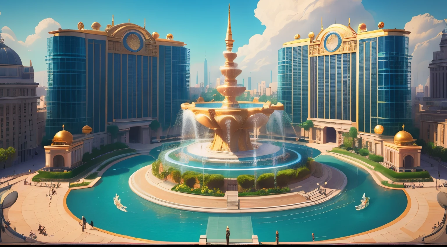 There  a fountain in the center of the city，There&#39;s a gold chest inside, promotional images, game background, palace background, Casino of the future, loot box, background artwork, arte de fundo, Official splash art, stylized concept art, 3840x2160, 3840 x 2160, by Julia Pishtar, the are In the background