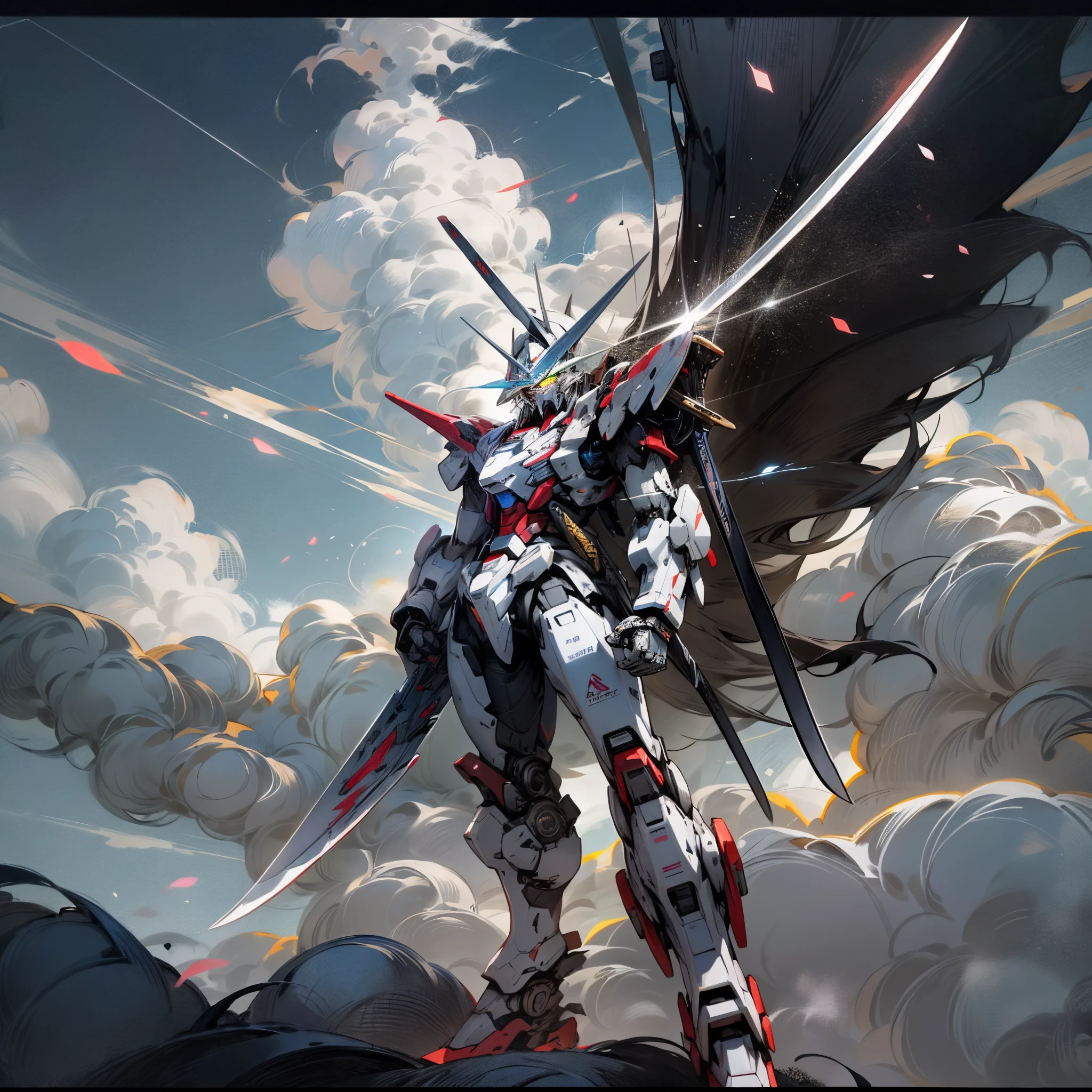 sky, clouds, holding_weapon, no_humans, 1machine, camera gaze, gundam, (with Japan sword: 1.3), dual-wielding, painted red, Tokyo, building, glowing_eyes, science fiction, (Japan building), , reality,