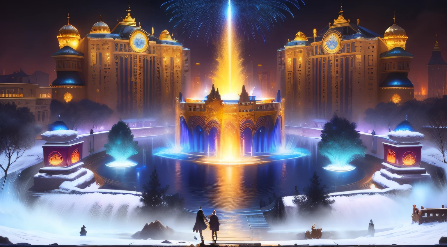 There a fountain in the city center,oda'There's a gold box inside, promotional images, game background, palace background, Casino of the future, background artwork, loot box, arte de fundo, Official splash art, stylized concept art, 3840x2160, 3840 x 2160, by Julia Pishtar, the are In the background