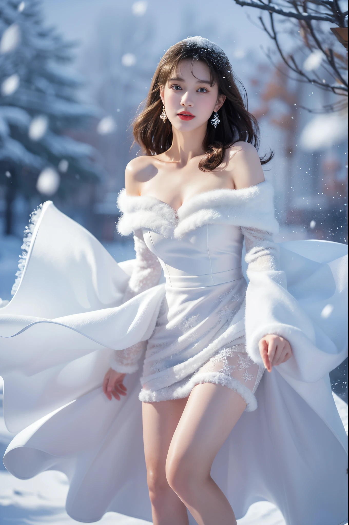 tmasterpiece、quality、ultra - detailed、Marilyn Tugg ， Focus on thighs and above，Clear face，（Best quality at best）， beuaty girl：1.5、(Red fluffy off-shoulder dress style)，long hair fluttering，Snowflake earrings、snowflakes falling、bblurry、Snow World