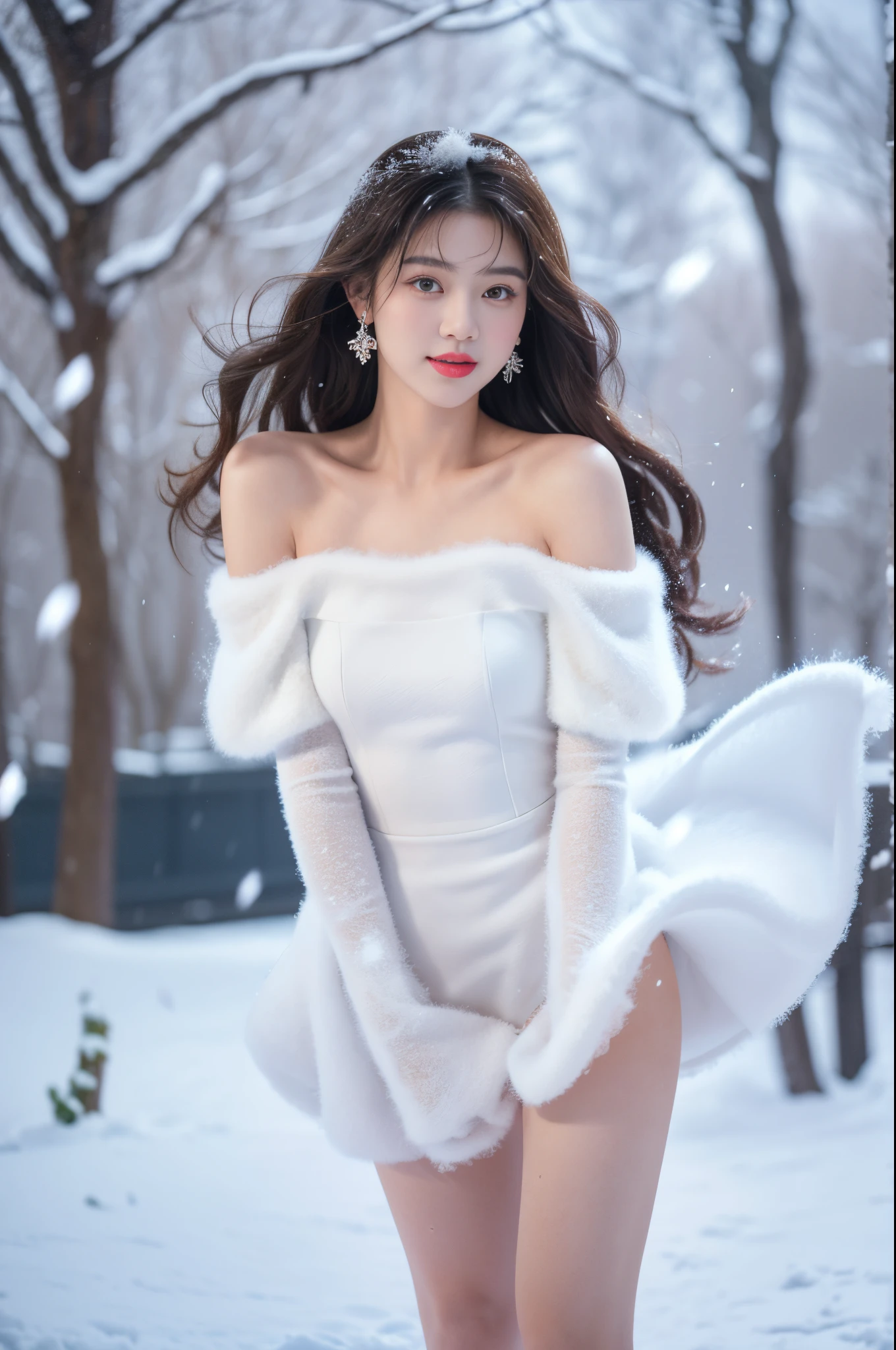 tmasterpiece、quality、ultra - detailed、Marilyn Tugue ， Focus on the thighs and above，Clear face，（Best quality）， beuaty girl：1.5、(Red fluffy off-shoulder dress style)，long hair fluttering，Snowflake earrings、snowflakes falling、bblurry、Snow World