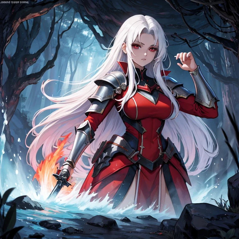 Manhwa comic panel, woman , white long hair , red eyes , beautiful, elegant, a magical forest,black and red , knight armor , with a sword , red magic powers , red sword aura entering a dark big cave , flame magic in one hand