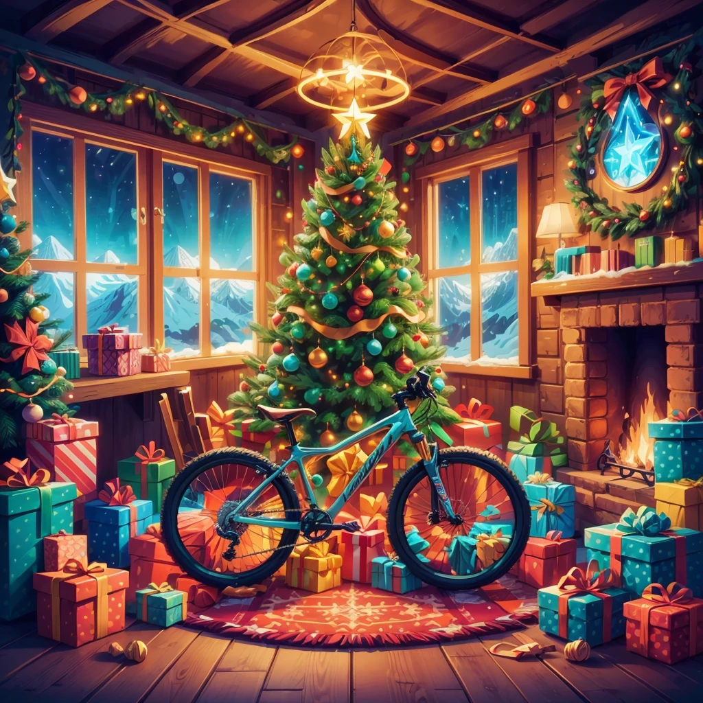 (((Vector illustration style))), bright colors, magical atmosphere, whimsical, sparkling, dreamy Christmas world in cozy room with Christmas New Year decorations, Christmas tree, gifts, Christmas stockings, in the center, 1 little boy riding a high Tech Metal Mountain Bike，(Ghibli-like colours, pov, first-person view, UHD, masterpiece, ccurate, anatomically correct, super detail, high details, high quality, award winning, best quality, 8k)