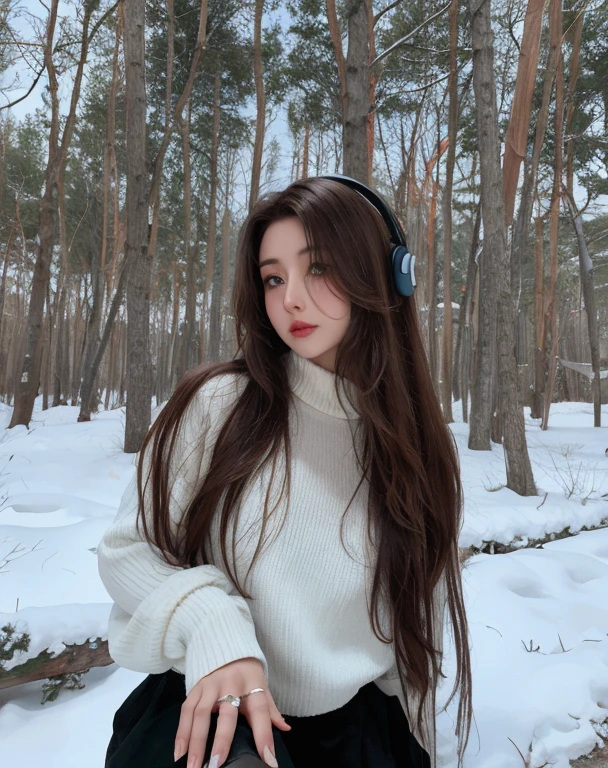 Mujer arafed con auriculares sentado en un tronco en la nieve., en un entorno de bosque nevado, en la nieve, Only snow and bottom, en la nieve, Anna Nikolanova aka Newmilky, En invierno, frente a un fondo forestal, en el bosque, con el pelo largo, 8k)), very long snow colored hair, pale snow white skin