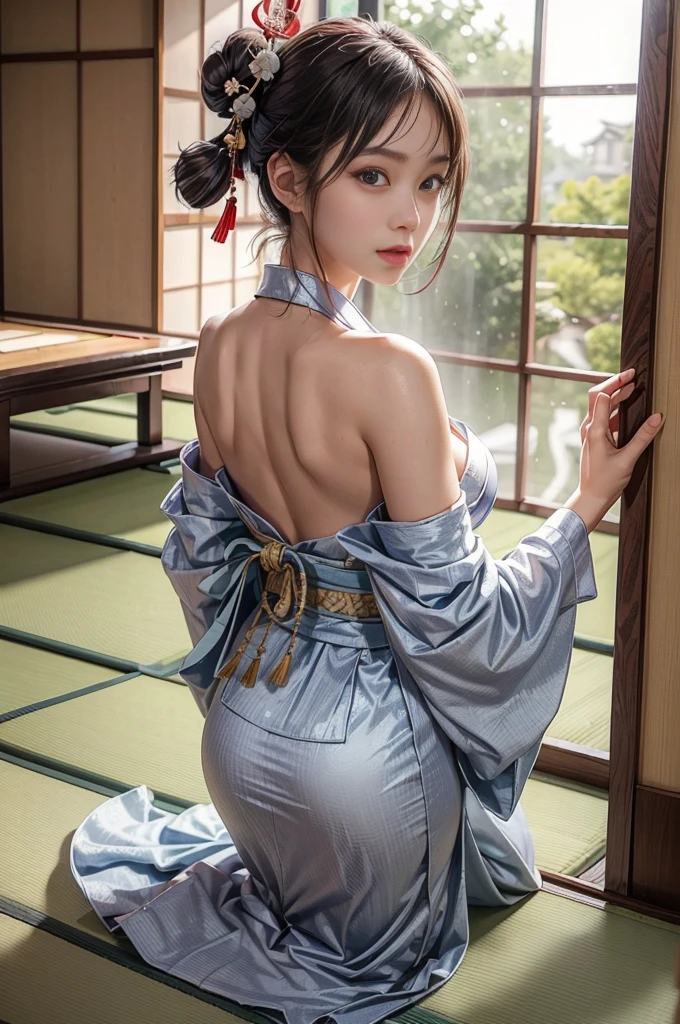(Masute Piece:1.Photoreal sticks:1.4, 10), 最高品質, master-piece, 超High resolution, Professional camera work, grow light effect, photorealistic portrait, cinematic light, Highly detailed skin and facial textures:1.Perfect dynamic composition, Special details lurking, Fine Eyes, detailed limbs, (Japanese style rooms in Japan, Officially hung up, tradition:1.5), 1girl in, 25 years old, Cute Japanese sexy slim woman, Fair-skinned, (Looks formidable.:0.9, Make you totally fascinated.:1.0), (silver kimono:1.32 off shoulder), (enormous breasts:0.9), (Rear view, calm posture), (Beautiful blue eyes, Eyes that feel beautiful Eros:0.85), sexy face:0.4, (A mouth that feels beautiful eros:0.85), ((Too beautiful and cute to resist:0.9))