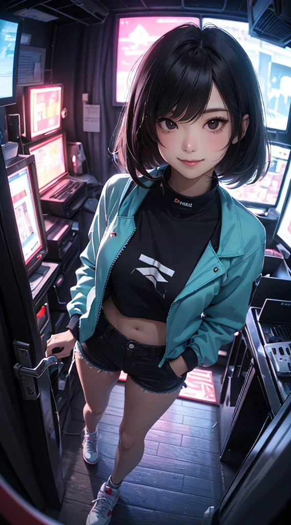 ((8k wallpaper of extremely detailed CG unit, ​masterpiece, hight resolution, top-quality)), (Beautuful Women, Smiling smile, Pose like a model with your hands in your pockets:1.8, Grunge Fashion, Wearing a cyberpunk jacket:1.2, Wearing micro mini shorts:1.2, Wearing sneakers:1.1), ((extra detailed face, Highly detailed black eyes, extra detailed body, Top quality real texture skins)), (A dark-haired, hair messy, de pele branca), (building indoors, glowing neon), (high-angle:1.2, Fisheye:1.3), hyper realisitic, digitial painting,